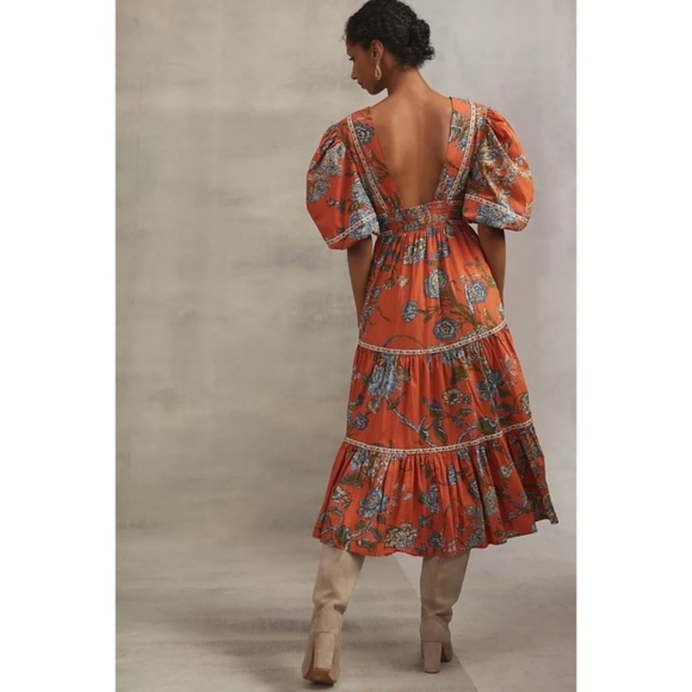 NEVER WORN Anthropologie Love the Label Puffed Sleeves Orange Floral MIDI Dress